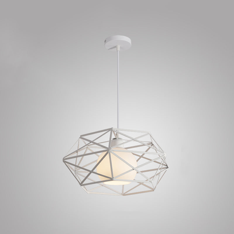 1 Light Hanging Fixture with Geometric Cage Shade Metal Industrial Dining Room Pendant Light in Black/White Clearhalo 'Ceiling Lights' 'Modern Pendants' 'Modern' 'Pendant Lights' 'Pendants' Lighting' 1401206