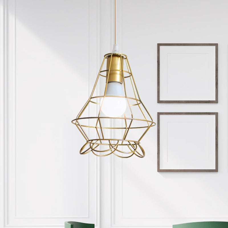 Gold Wire Cage Pendant Light 1 Head Retro Industrial Iron Hanging Lamp with Shade for Coffee Shop Gold D Clearhalo 'Ceiling Lights' 'Modern Pendants' 'Modern' 'Pendant Lights' 'Pendants' Lighting' 1401222