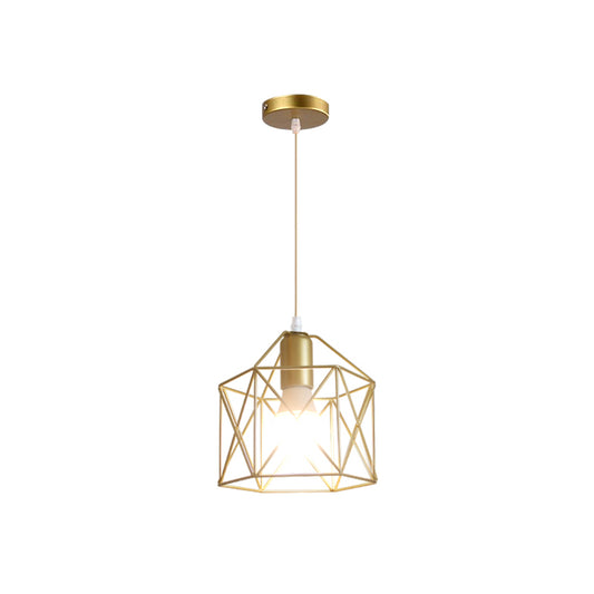 1 Bulb Metal Pendant Light Loft Style Gold Finish Globe/Hexagon Cage Shade Dining Room Hanging Lamp Clearhalo 'Ceiling Lights' 'Modern Pendants' 'Modern' 'Pendant Lights' 'Pendants' Lighting' 1401245