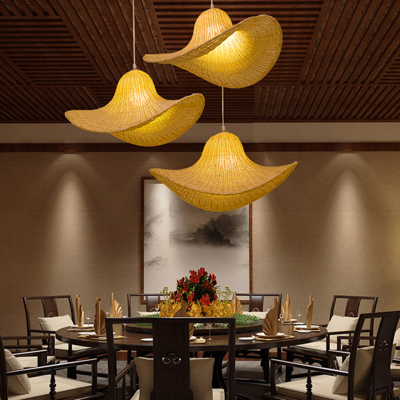 16"/19.5" Long South-east 1-Bulb Hanging Pendant with Rattan Beige Straw Hat Shaped Drop Light for Restaurant Tea House Clearhalo 'Ceiling Lights' 'Pendant Lights' 'Pendants' Lighting' 140125