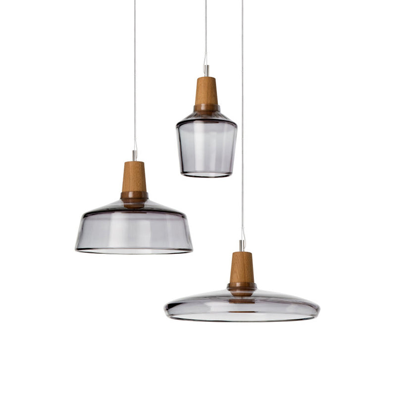 Round Canopy Coffee Shop Multi Pendant Modern Clear/Smoked Glass 3-Light Wood Hanging Ceiling Light Clearhalo 'Ceiling Lights' 'Glass shade' 'Glass' 'Industrial Pendants' 'Industrial' 'Middle Century Pendants' 'Pendant Lights' 'Pendants' 'Tiffany' Lighting' 1401264