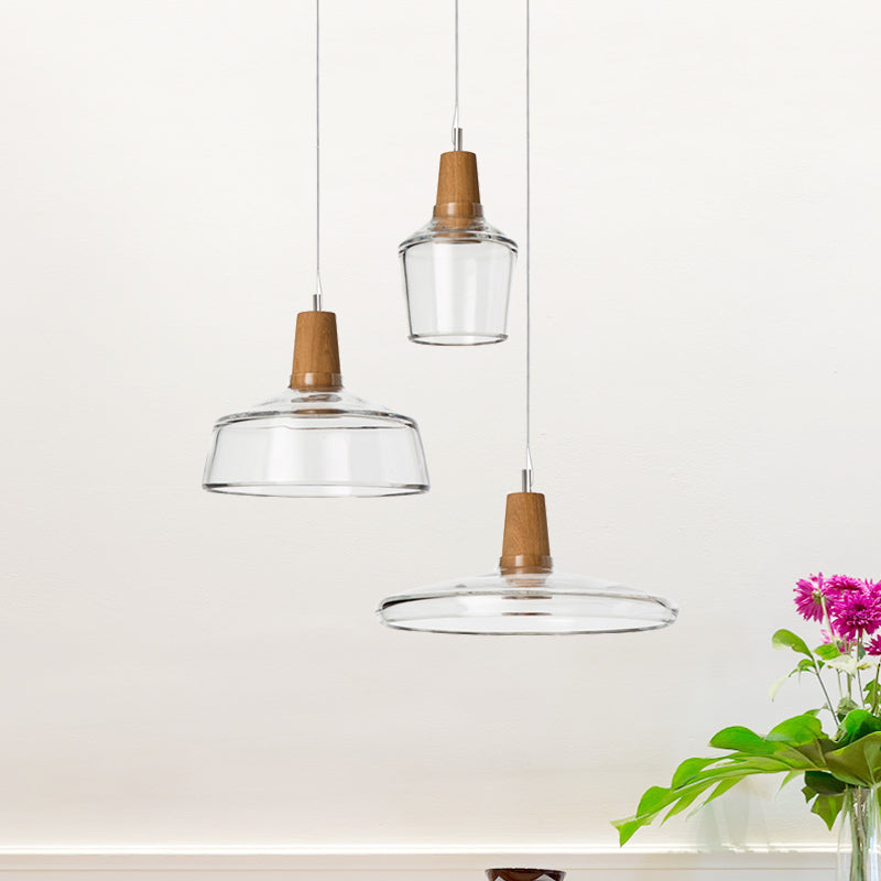Round Canopy Coffee Shop Multi Pendant Modern Clear/Smoked Glass 3-Light Wood Hanging Ceiling Light Clearhalo 'Ceiling Lights' 'Glass shade' 'Glass' 'Industrial Pendants' 'Industrial' 'Middle Century Pendants' 'Pendant Lights' 'Pendants' 'Tiffany' Lighting' 1401268