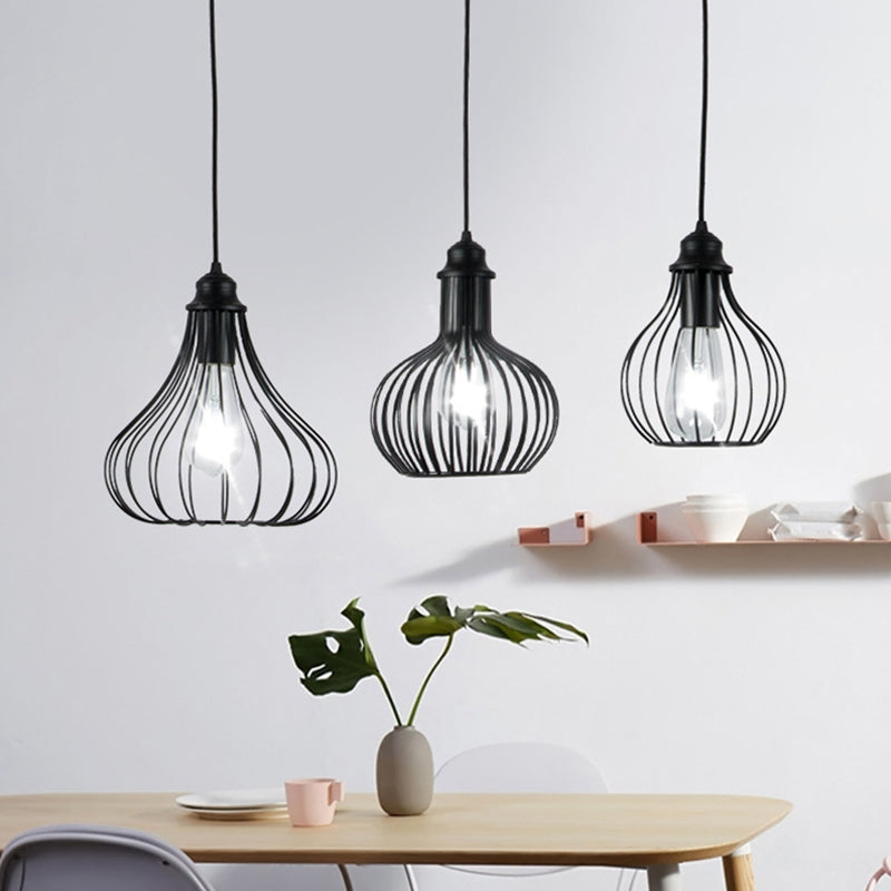 Vintage Onion Caged Hanging Light 3 Bulbs Metallic Pendant Light Fixture in Black for Restaurant Black Clearhalo 'Ceiling Lights' 'Modern Pendants' 'Modern' 'Pendant Lights' 'Pendants' Lighting' 1401306