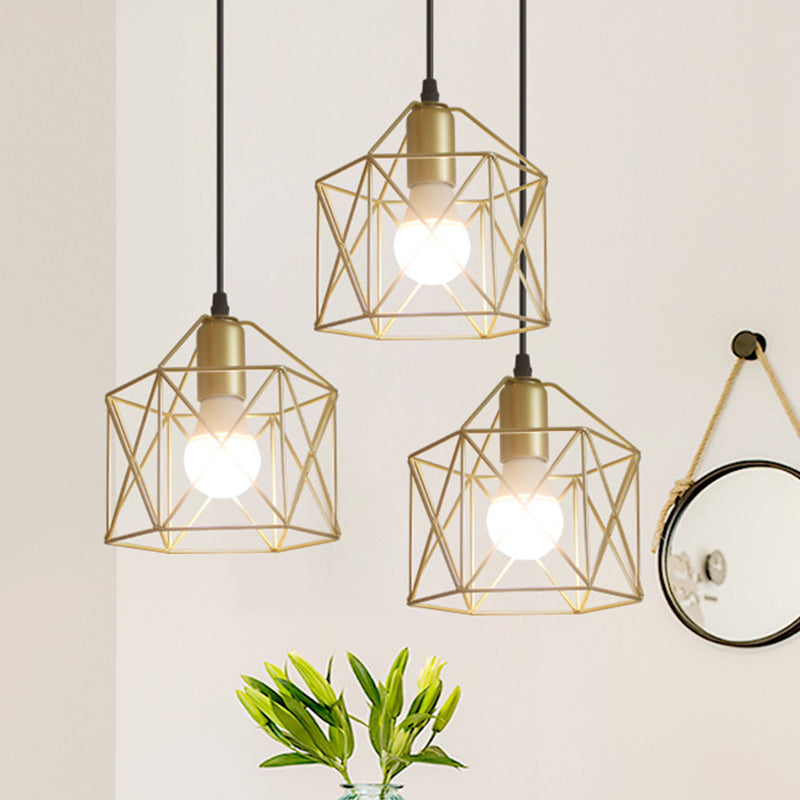 3 Lights Ceiling Light with Hexagon Cage Shade Iron Industrial Style Restaurant Hanging Light in Gold Clearhalo 'Ceiling Lights' 'Modern Pendants' 'Modern' 'Pendant Lights' 'Pendants' Lighting' 1401311