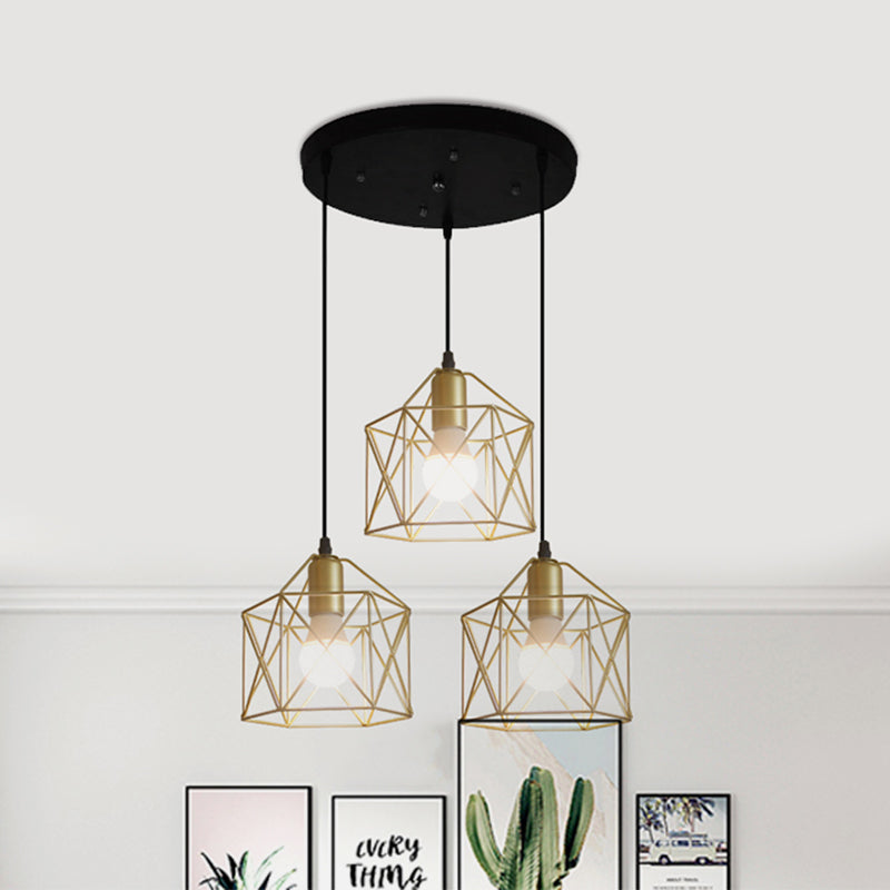 3 Lights Ceiling Light with Hexagon Cage Shade Iron Industrial Style Restaurant Hanging Light in Gold Gold Round Clearhalo 'Ceiling Lights' 'Modern Pendants' 'Modern' 'Pendant Lights' 'Pendants' Lighting' 1401312