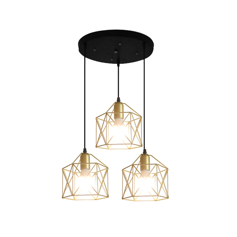 3 Lights Ceiling Light with Hexagon Cage Shade Iron Industrial Style Restaurant Hanging Light in Gold Clearhalo 'Ceiling Lights' 'Modern Pendants' 'Modern' 'Pendant Lights' 'Pendants' Lighting' 1401313