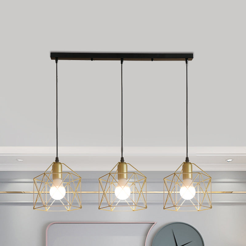 3 Lights Ceiling Light with Hexagon Cage Shade Iron Industrial Style Restaurant Hanging Light in Gold Gold Linear Clearhalo 'Ceiling Lights' 'Modern Pendants' 'Modern' 'Pendant Lights' 'Pendants' Lighting' 1401316