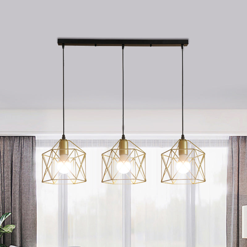 3 Lights Ceiling Light with Hexagon Cage Shade Iron Industrial Style Restaurant Hanging Light in Gold Clearhalo 'Ceiling Lights' 'Modern Pendants' 'Modern' 'Pendant Lights' 'Pendants' Lighting' 1401317