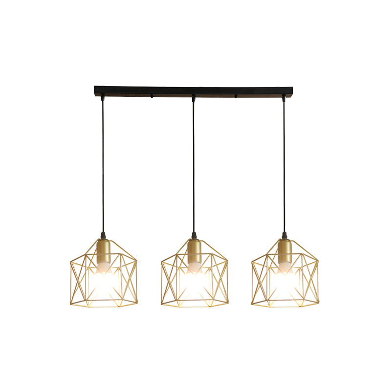 3 Lights Ceiling Light with Hexagon Cage Shade Iron Industrial Style Restaurant Hanging Light in Gold Clearhalo 'Ceiling Lights' 'Modern Pendants' 'Modern' 'Pendant Lights' 'Pendants' Lighting' 1401319