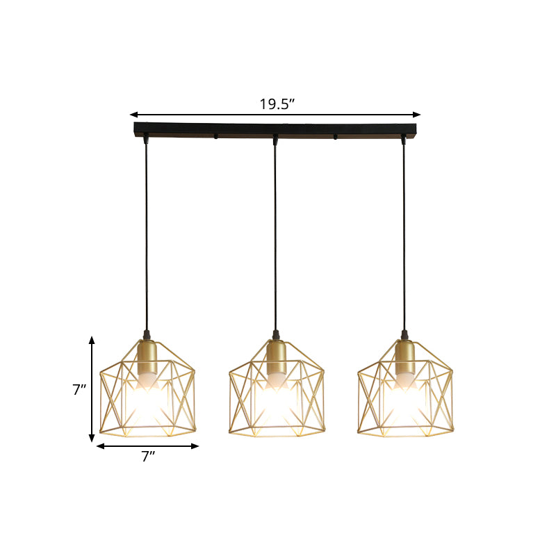 3 Lights Ceiling Light with Hexagon Cage Shade Iron Industrial Style Restaurant Hanging Light in Gold Clearhalo 'Ceiling Lights' 'Modern Pendants' 'Modern' 'Pendant Lights' 'Pendants' Lighting' 1401320