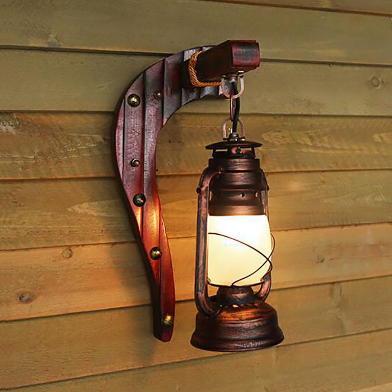 Antique Copper One Light Sconce Light Rustic Opal Glass Kerosene Lighting Fixture with Wooden Backplate Weathered Copper Left Clearhalo 'Wall Lamps & Sconces' 'Wall Lights' Lighting' 140134