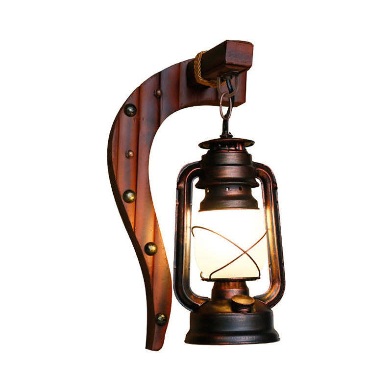 Antique Copper One Light Sconce Light Rustic Opal Glass Kerosene Lighting Fixture with Wooden Backplate Clearhalo 'Wall Lamps & Sconces' 'Wall Lights' Lighting' 140136