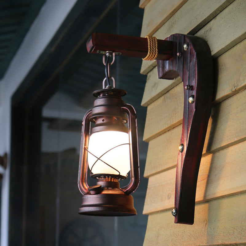 Antique Copper One Light Sconce Light Rustic Opal Glass Kerosene Lighting Fixture with Wooden Backplate Weathered Copper Right Clearhalo 'Wall Lamps & Sconces' 'Wall Lights' Lighting' 140137