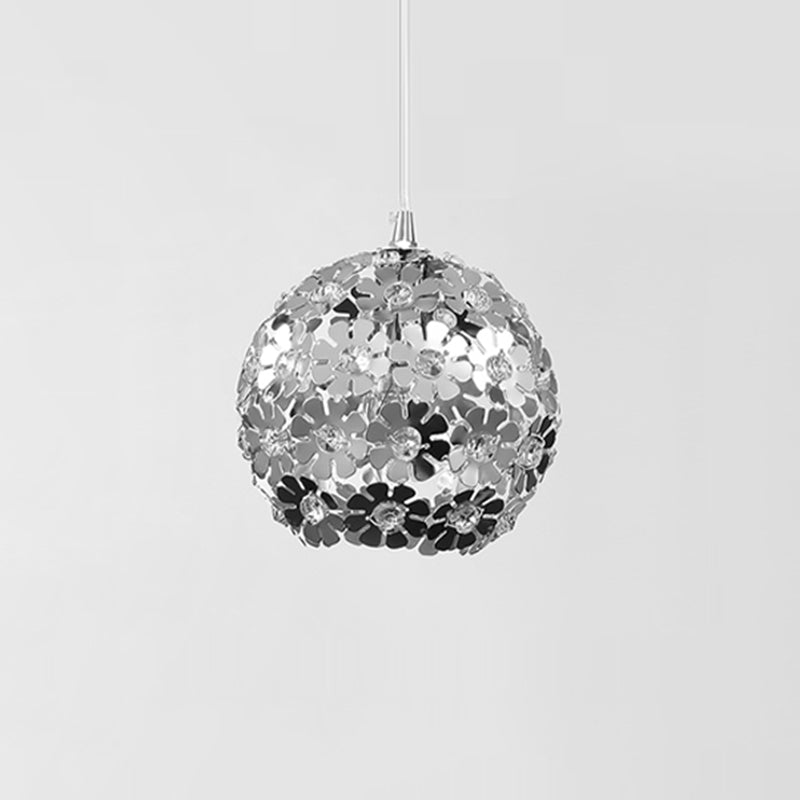 Floral Globe Shade Hanging Light Fixture Contemporary Aluminum 1 Light Chrome Suspension Lamp with Crystal Accent Clearhalo 'Ceiling Lights' 'Modern Pendants' 'Modern' 'Pendant Lights' 'Pendants' Lighting' 1401372