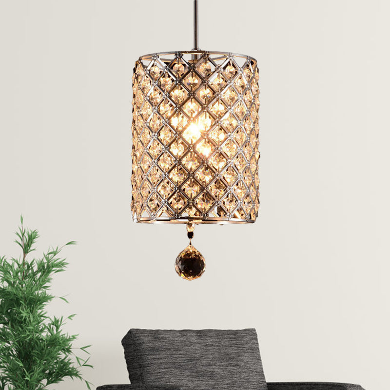 Crystal Cylinder Pendant Light Fixture Modern 1 Bulb Hanging Ceiling Lamp in Chrome for Restaurant Chrome Clearhalo 'Ceiling Lights' 'Modern Pendants' 'Modern' 'Pendant Lights' 'Pendants' Lighting' 1401374