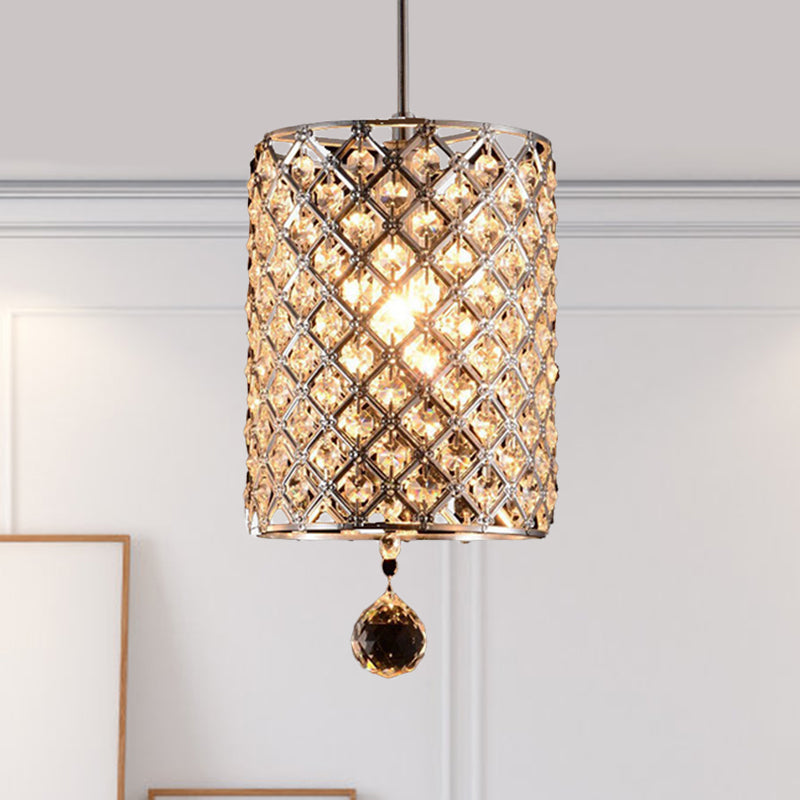 Crystal Cylinder Pendant Light Fixture Modern 1 Bulb Hanging Ceiling Lamp in Chrome for Restaurant Clearhalo 'Ceiling Lights' 'Modern Pendants' 'Modern' 'Pendant Lights' 'Pendants' Lighting' 1401375