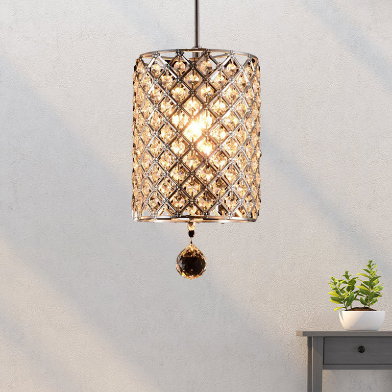 Crystal Cylinder Pendant Light Fixture Modern 1 Bulb Hanging Ceiling Lamp in Chrome for Restaurant Clearhalo 'Ceiling Lights' 'Modern Pendants' 'Modern' 'Pendant Lights' 'Pendants' Lighting' 1401376