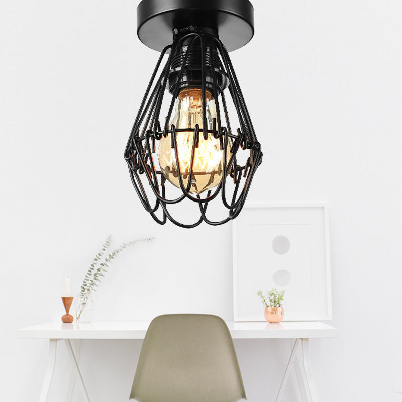 Industrial Cage Flush Pendant Light with Petal Design 1 Light Metal Ceiling Lighting in Black for Coffee Shop Black Clearhalo 'Ceiling Lights' 'Close To Ceiling Lights' 'Close to ceiling' 'Semi-flushmount' Lighting' 140144