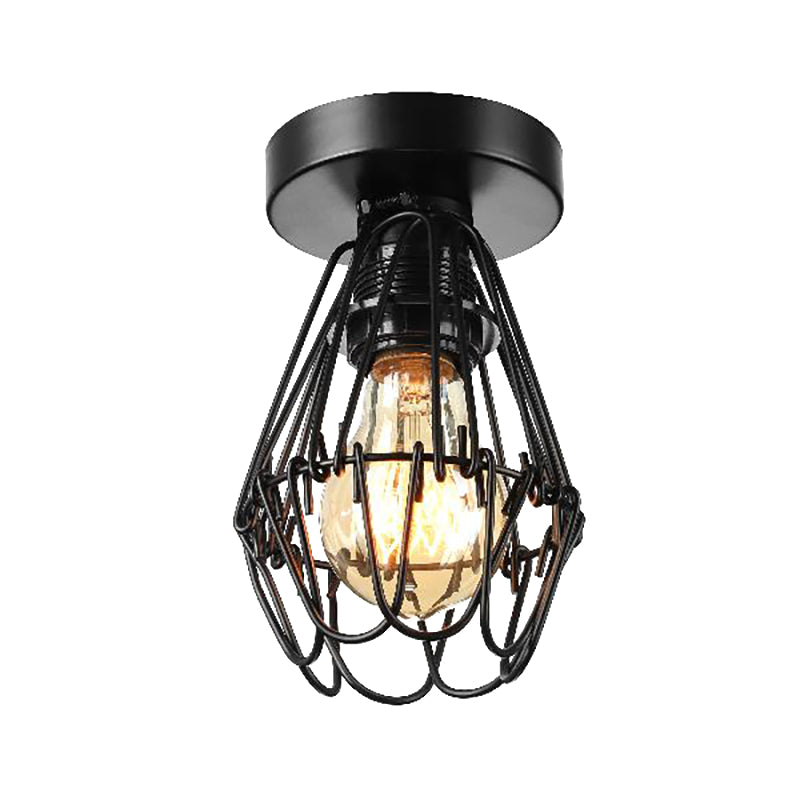 Industrial Cage Flush Pendant Light with Petal Design 1 Light Metal Ceiling Lighting in Black for Coffee Shop Clearhalo 'Ceiling Lights' 'Close To Ceiling Lights' 'Close to ceiling' 'Semi-flushmount' Lighting' 140146