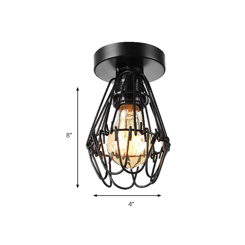 Industrial Cage Flush Pendant Light with Petal Design 1 Light Metal Ceiling Lighting in Black for Coffee Shop Clearhalo 'Ceiling Lights' 'Close To Ceiling Lights' 'Close to ceiling' 'Semi-flushmount' Lighting' 140147