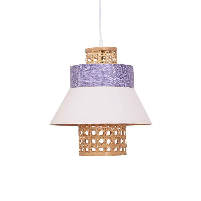 Hand-Worked Hanging Light Asian Style Green/Purple Fabric 1 Light Bedroom Pendant Lamp with Bamboo Interior Shade Clearhalo 'Ceiling Lights' 'Pendant Lights' 'Pendants' Lighting' 140161