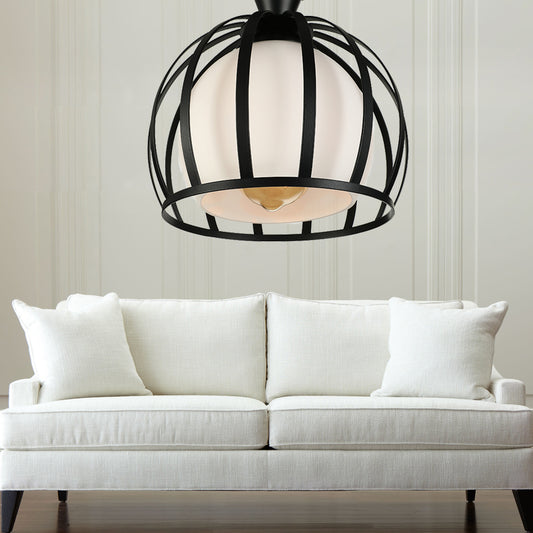 Domed Cage Metal Ceiling Light Fixture Vintage Style 1 Head Dining Room Semi Mount Lighting in Black/White Black Clearhalo 'Ceiling Lights' 'Close To Ceiling Lights' 'Close to ceiling' 'Glass shade' 'Glass' 'Pendant Lights' 'Semi-flushmount' Lighting' 140162