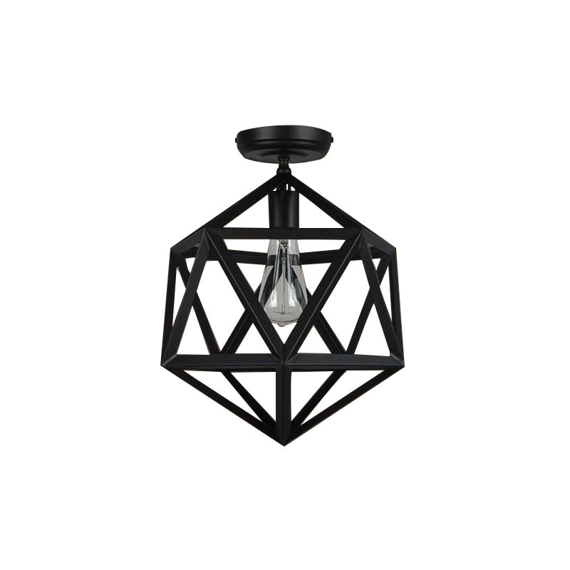 Retro Industrial Polyhedron Globe Semi Mount Lighting 1 Bulb Metal Ceiling Mounted Light in Black for Bathroom Clearhalo 'Ceiling Lights' 'Close To Ceiling Lights' 'Close to ceiling' 'Semi-flushmount' Lighting' 140190