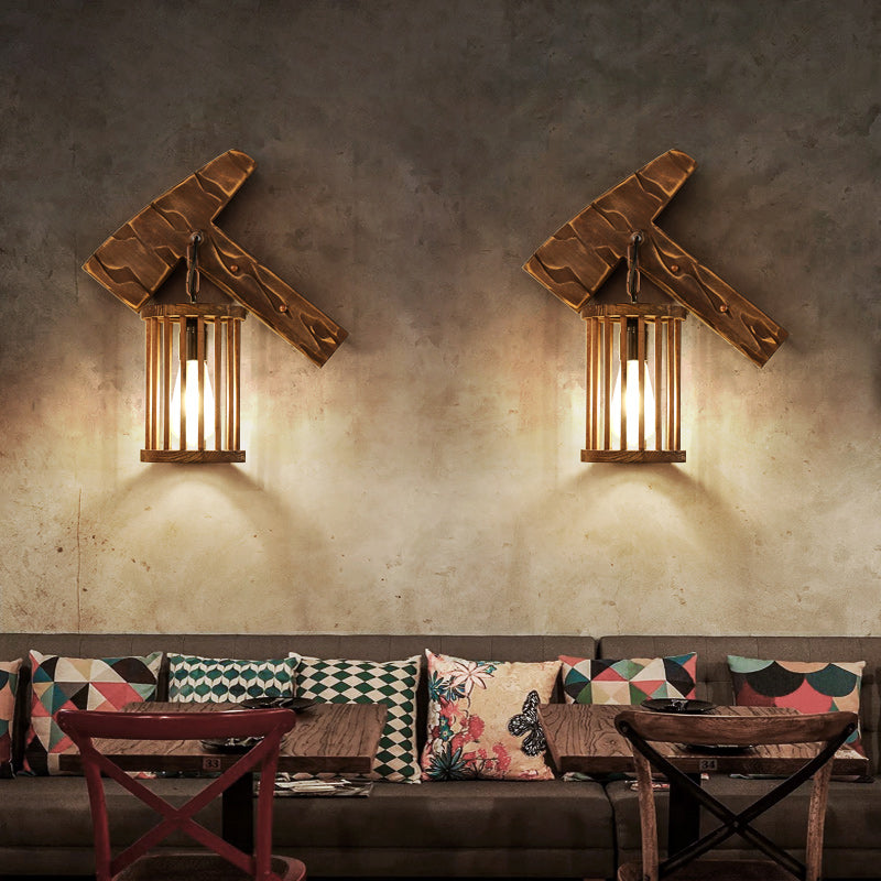 Cylinder Cage Sconce Light Wood Lodge Industrial 1 Light Wall Lighting for Coffee Shop Clearhalo 'Modern wall lights' 'Modern' 'Wall Lamps & Sconces' 'Wall Lights' Lighting' 140193