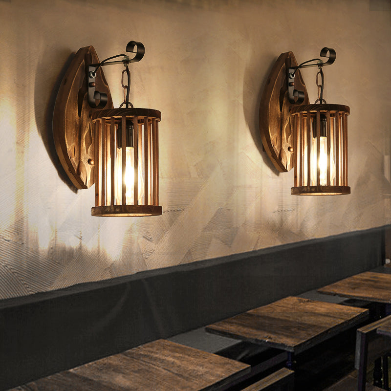 Cylinder Cage Sconce Light Wood Lodge Industrial 1 Light Wall Lighting for Coffee Shop Wood Leaf Clearhalo 'Modern wall lights' 'Modern' 'Wall Lamps & Sconces' 'Wall Lights' Lighting' 140196