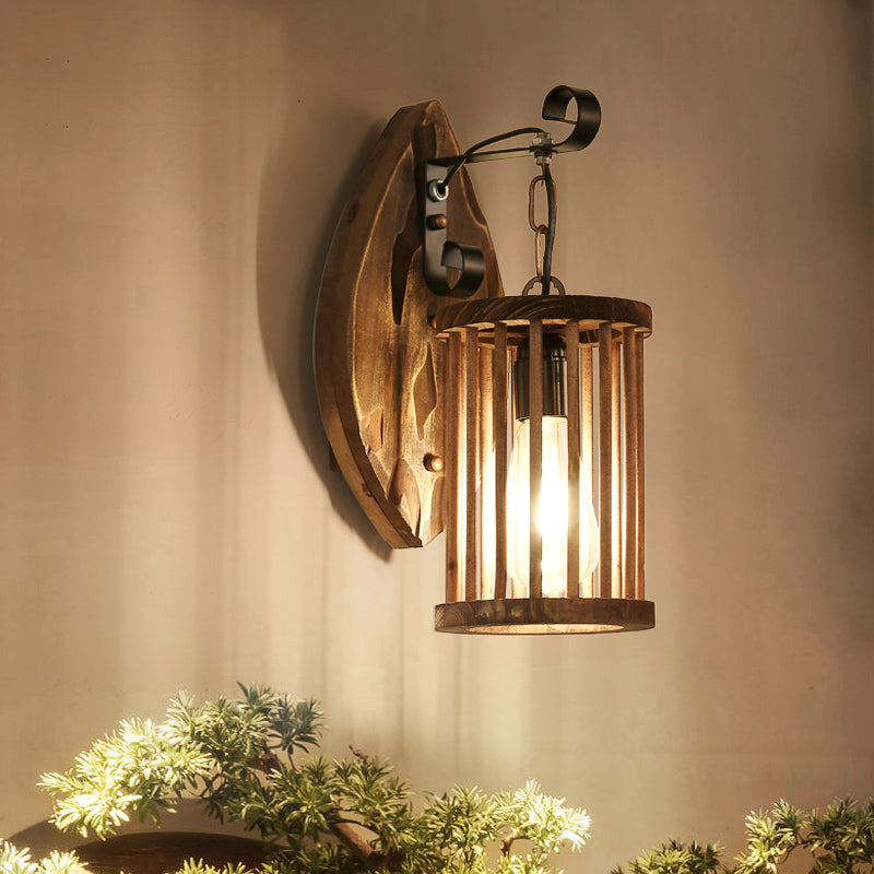 Cylinder Cage Sconce Light Wood Lodge Industrial 1 Light Wall Lighting for Coffee Shop Clearhalo 'Modern wall lights' 'Modern' 'Wall Lamps & Sconces' 'Wall Lights' Lighting' 140197