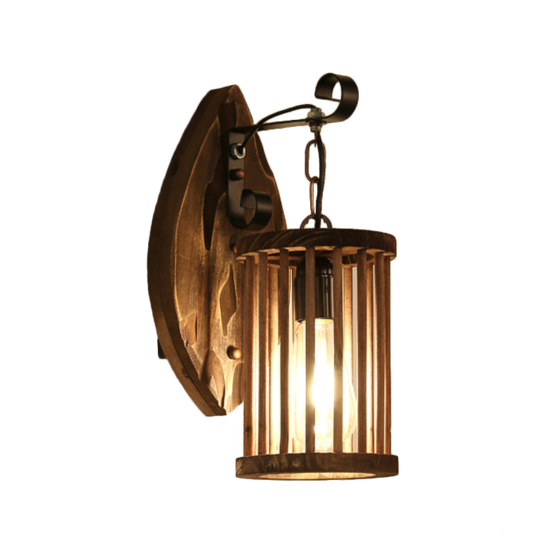 Cylinder Cage Sconce Light Wood Lodge Industrial 1 Light Wall Lighting for Coffee Shop Clearhalo 'Modern wall lights' 'Modern' 'Wall Lamps & Sconces' 'Wall Lights' Lighting' 140198