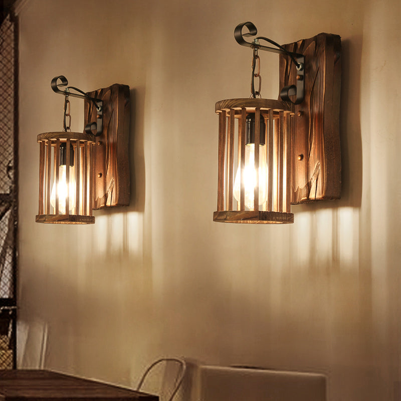 Cylinder Cage Sconce Light Wood Lodge Industrial 1 Light Wall Lighting for Coffee Shop Clearhalo 'Modern wall lights' 'Modern' 'Wall Lamps & Sconces' 'Wall Lights' Lighting' 140200