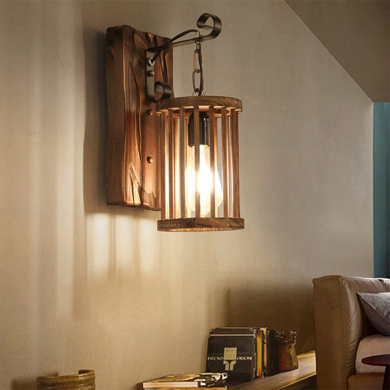 Cylinder Cage Sconce Light Wood Lodge Industrial 1 Light Wall Lighting for Coffee Shop Clearhalo 'Modern wall lights' 'Modern' 'Wall Lamps & Sconces' 'Wall Lights' Lighting' 140201