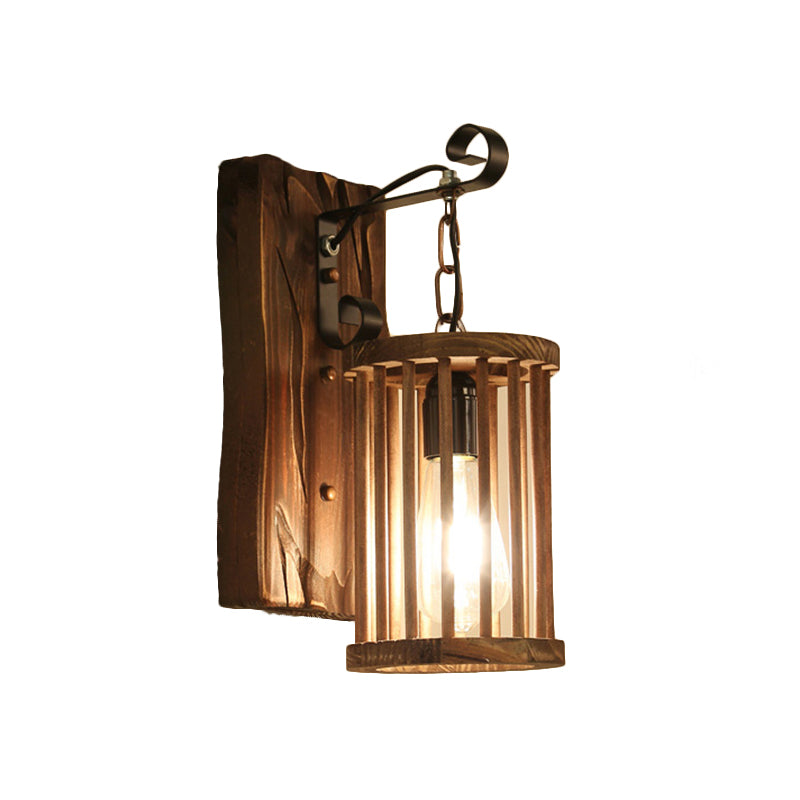 Cylinder Cage Sconce Light Wood Lodge Industrial 1 Light Wall Lighting for Coffee Shop Clearhalo 'Modern wall lights' 'Modern' 'Wall Lamps & Sconces' 'Wall Lights' Lighting' 140202