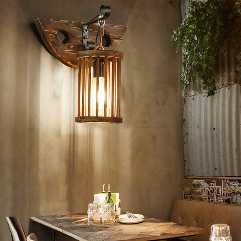 Cylinder Cage Sconce Light Wood Lodge Industrial 1 Light Wall Lighting for Coffee Shop Wood Semicircle Clearhalo 'Modern wall lights' 'Modern' 'Wall Lamps & Sconces' 'Wall Lights' Lighting' 140204