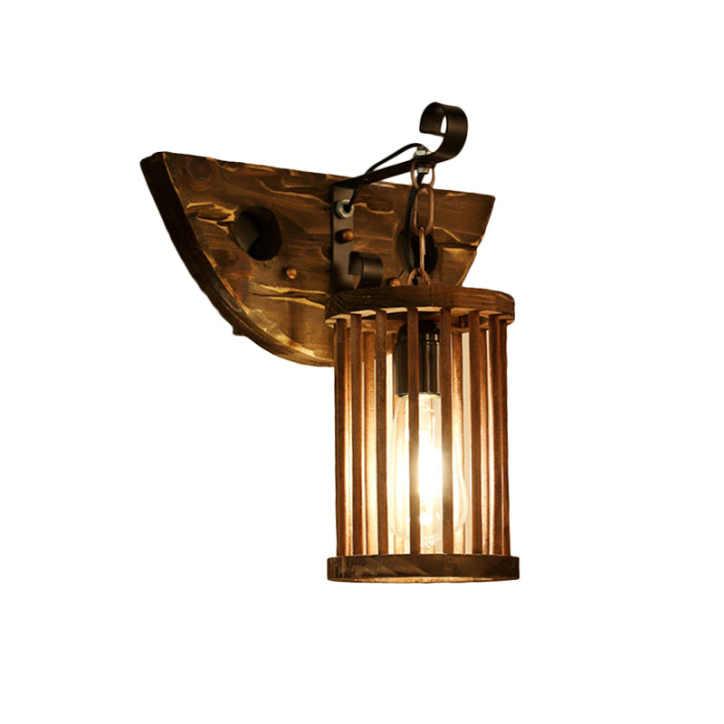 Cylinder Cage Sconce Light Wood Lodge Industrial 1 Light Wall Lighting for Coffee Shop Clearhalo 'Modern wall lights' 'Modern' 'Wall Lamps & Sconces' 'Wall Lights' Lighting' 140205