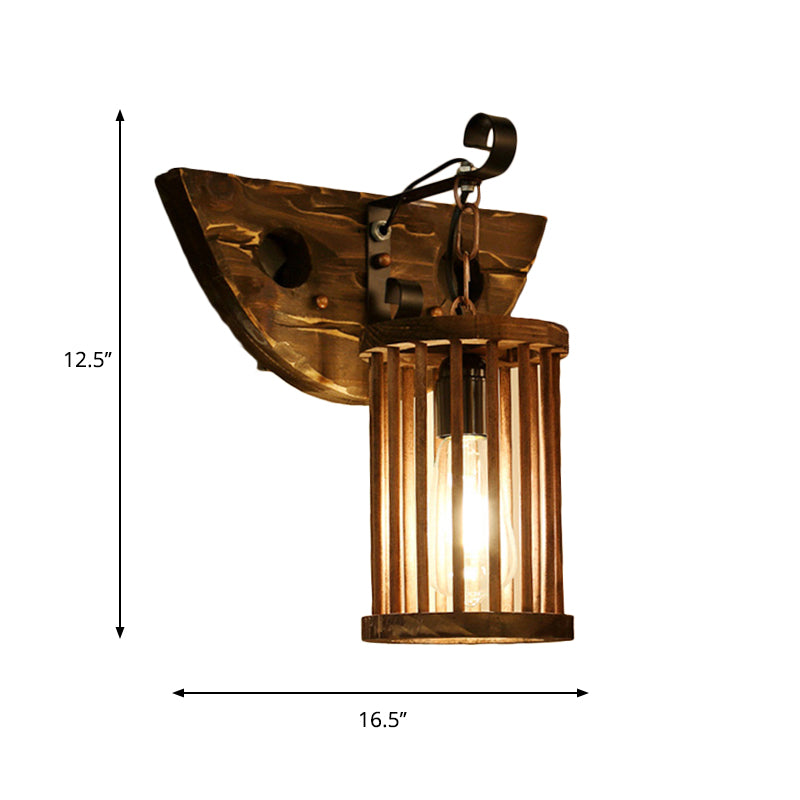 Cylinder Cage Sconce Light Wood Lodge Industrial 1 Light Wall Lighting for Coffee Shop Clearhalo 'Modern wall lights' 'Modern' 'Wall Lamps & Sconces' 'Wall Lights' Lighting' 140206