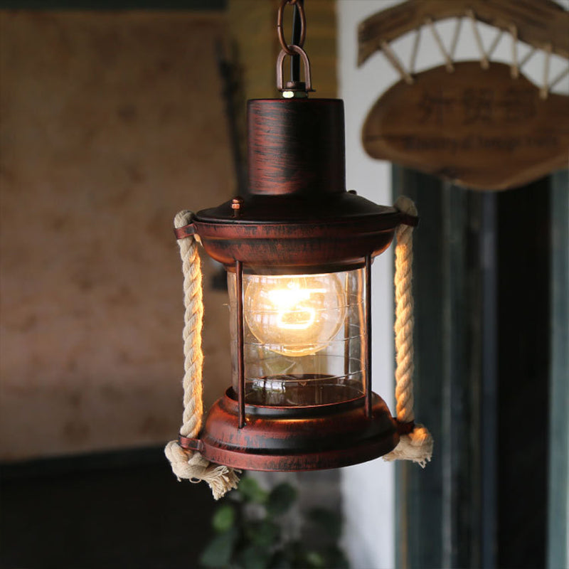 Kerosene Pendant Lighting Coastal Single Light Clear Glass Hanging Ceiling Light in Antique Brass/Weathered Copper, 6"/8.5" Wide Weathered Copper 8.5" Clearhalo 'Art Deco Pendants' 'Cast Iron' 'Ceiling Lights' 'Ceramic' 'Crystal' 'Industrial Pendants' 'Industrial' 'Metal' 'Middle Century Pendants' 'Pendant Lights' 'Pendants' 'Tiffany' Lighting' 140255