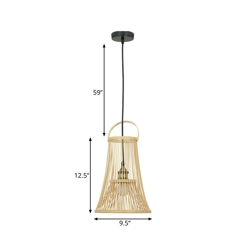 Bamboo Trumpet Shade Hanging Light Asian Style 1 Bulb Beige Pendant Ceiling Light with Arched Handle Clearhalo 'Ceiling Lights' 'Pendant Lights' 'Pendants' Lighting' 140266