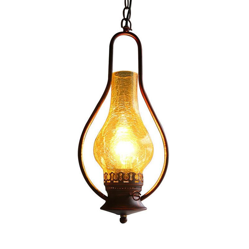 Antique Copper/Antique Bronze 1 Light Ceiling Pendant Light Industrial Crackle Glass Kerosene Hanging Lamp for Living Room Clearhalo 'Ceiling Lights' 'Chandeliers' 'Glass shade' 'Glass' 'Industrial Pendants' 'Industrial' 'Middle Century Pendants' 'Pendant Lights' 'Pendants' 'Tiffany' Lighting' 140281