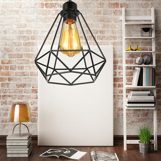 Metal Diamond Cage Ceiling Mounted Fixture Industrial 1 Head Dining Room Semi Flush Mount Lighting in Black Clearhalo 'Ceiling Lights' 'Close To Ceiling Lights' 'Close to ceiling' 'Semi-flushmount' Lighting' 140291