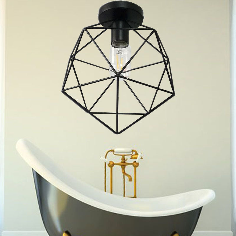 Metal Polygon Close to Ceiling Lighting with Cage Shade Industrial 1 Bulb Bedroom Semi Flush Light in Black Black Clearhalo 'Ceiling Lights' 'Close To Ceiling Lights' 'Close to ceiling' 'Semi-flushmount' Lighting' 140302