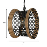 Mesh Drum Metal Shade Hanging Lamp Lodge 1 Light Indoor Pendant Lighting with Rope Detail in Black Clearhalo 'Art Deco Pendants' 'Black' 'Cast Iron' 'Ceiling Lights' 'Ceramic' 'Crystal' 'Industrial Pendants' 'Industrial' 'Metal' 'Middle Century Pendants' 'Pendant Lights' 'Pendants' 'Rustic Pendants' 'Tiffany' Lighting' 140309