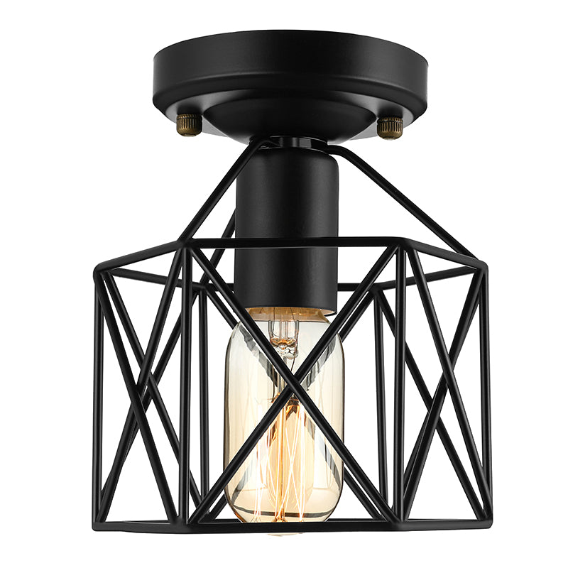 Hexagon Iron Ceiling Mounted Fixture with Cage Shade Vintage Stylish 1 Bulb Balcony Close to Ceiling Lamp in Black/White Clearhalo 'Ceiling Lights' 'Close To Ceiling Lights' 'Close to ceiling' 'Semi-flushmount' Lighting' 140312