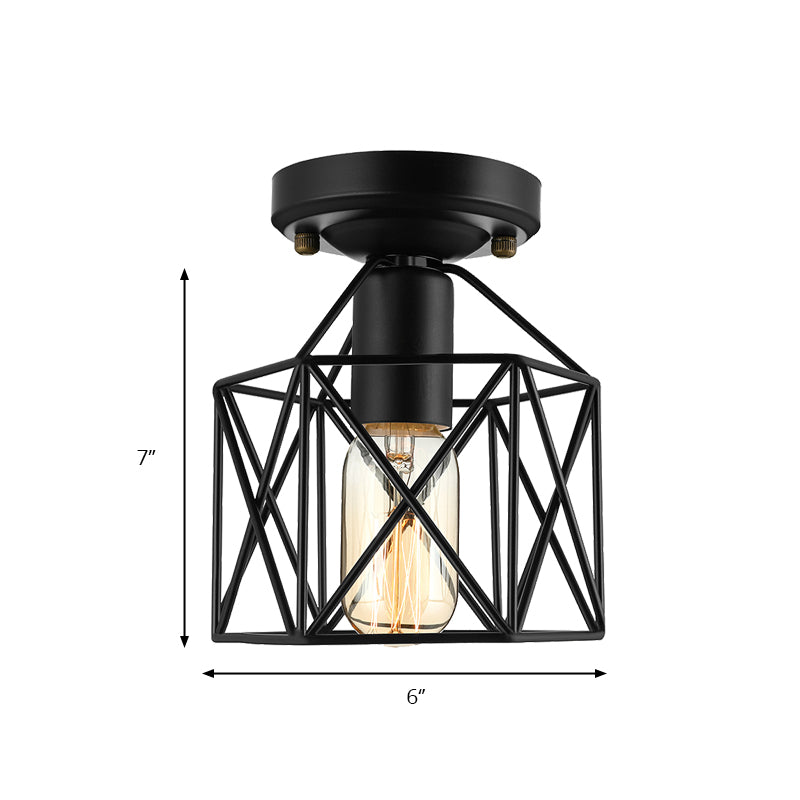 Hexagon Iron Ceiling Mounted Fixture with Cage Shade Vintage Stylish 1 Bulb Balcony Close to Ceiling Lamp in Black/White Clearhalo 'Ceiling Lights' 'Close To Ceiling Lights' 'Close to ceiling' 'Semi-flushmount' Lighting' 140313