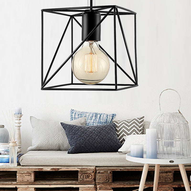 Industrial Style Squared Ceiling Mounted Fixture with Wire Frame 1 Head Metal Semi Flush Light in Black Black Clearhalo 'Ceiling Lights' 'Close To Ceiling Lights' 'Close to ceiling' 'Semi-flushmount' Lighting' 140328