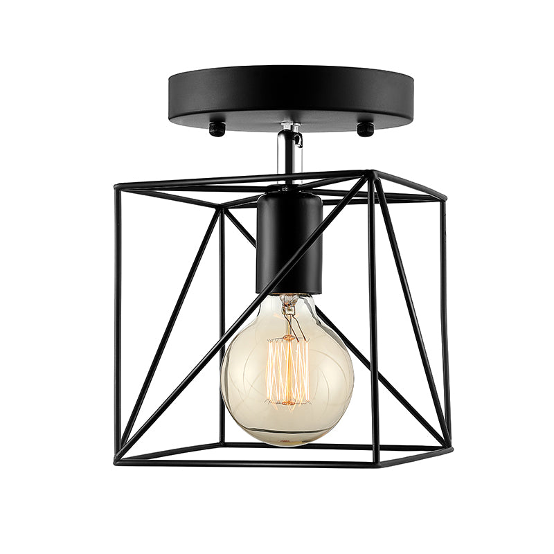 Industrial Style Squared Ceiling Mounted Fixture with Wire Frame 1 Head Metal Semi Flush Light in Black Clearhalo 'Ceiling Lights' 'Close To Ceiling Lights' 'Close to ceiling' 'Semi-flushmount' Lighting' 140330