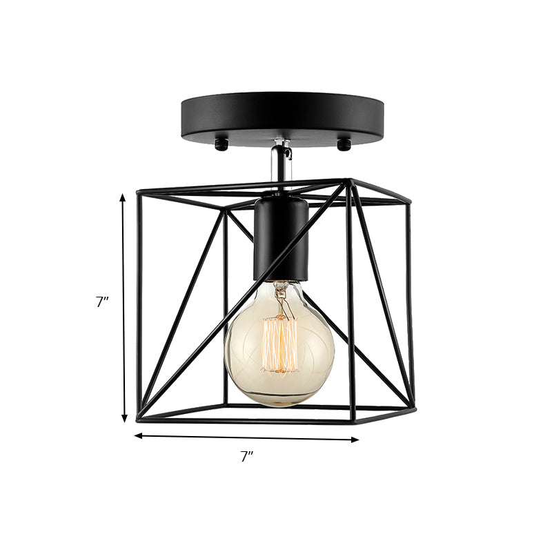 Industrial Style Squared Ceiling Mounted Fixture with Wire Frame 1 Head Metal Semi Flush Light in Black Clearhalo 'Ceiling Lights' 'Close To Ceiling Lights' 'Close to ceiling' 'Semi-flushmount' Lighting' 140331