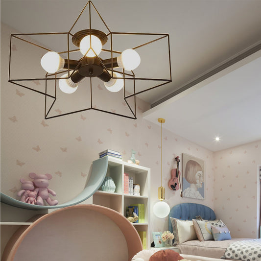 Star Cage Metallic Shade Semi Flush Pendant Light Loft Stylish 5 Lights Bedroom Ceiling Lighting in Black/White Black Clearhalo 'Ceiling Lights' 'Close To Ceiling Lights' 'Close to ceiling' 'Semi-flushmount' Lighting' 140358