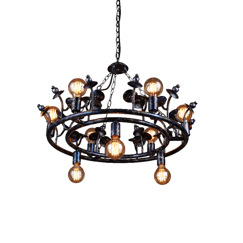 Multi Light Round Chandelier Light Open Bulb Metal Rustic Pendant Lighting in Black Clearhalo 'Ceiling Lights' 'Chandeliers' Lighting' options 140372